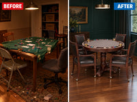 Bridgeport 2 in 1 round Poker Table and Chairs Set for Dining & Game Rooms – Furniture Grade Hardwood, Sturdy Pedestal Legs, Drink Holders, Chip Slots – Includes 4 Poker Table Chairs - Walnut — Before & After