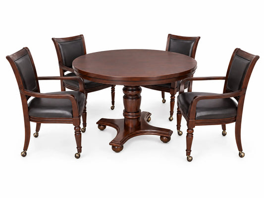 Bridgeport 2 in 1 round Poker Table and Chairs Set for Dining & Game Rooms – Furniture Grade Hardwood, Sturdy Pedestal Legs, Drink Holders, Chip Slots – Includes 4 Poker Table Chairs - Walnut — Studio Shot