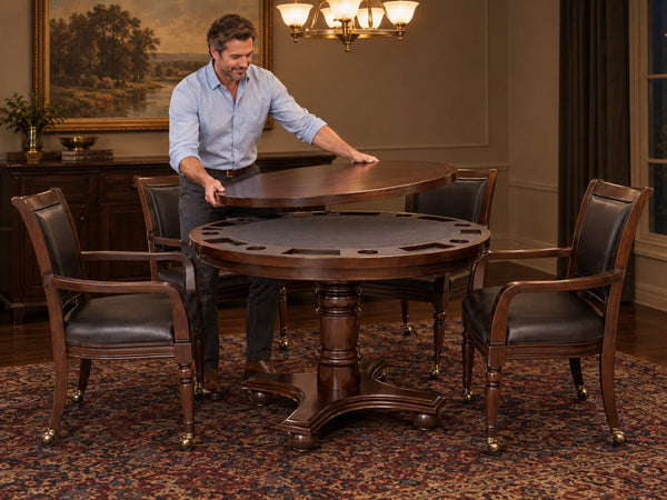 Round Poker Table Set Designed for Dual Purpose Gaming, 48-Inch Hardwood, 4 Chairs, Drink Holders