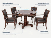Bridgeport 2 in 1 round Poker Table and Chairs Set for Dining & Game Rooms – Furniture Grade Hardwood, Sturdy Pedestal Legs, Drink Holders, Chip Slots – Includes 4 Poker Table Chairs - Walnut — product view 3